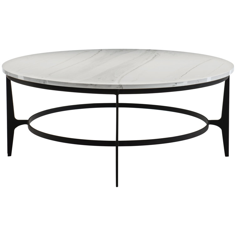Round White Faux Marble Coffee Table with Black Steel Base