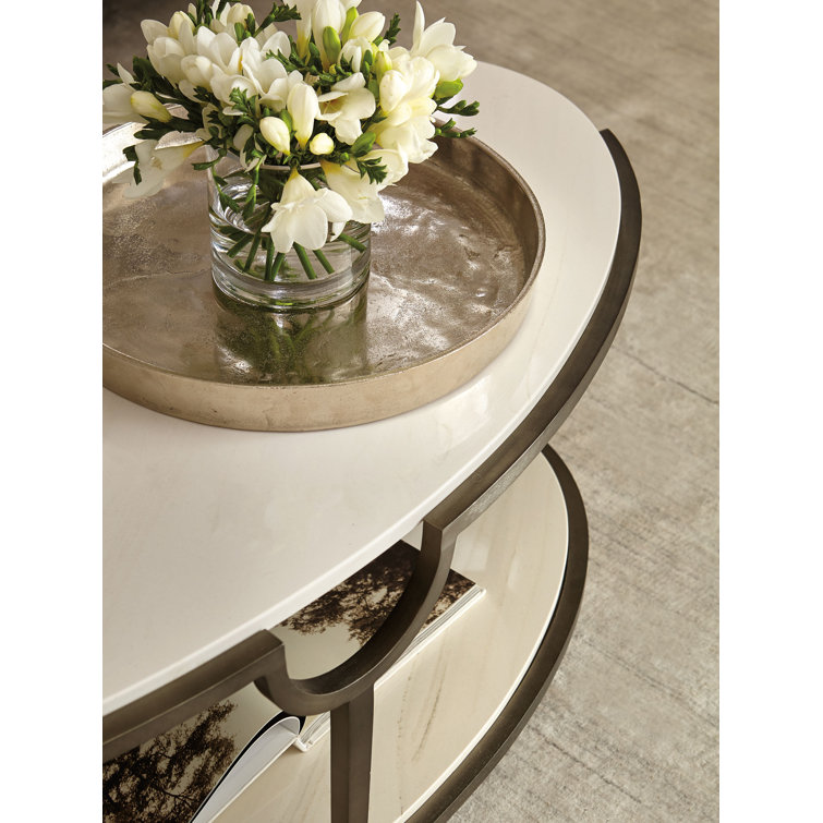 Oval Faux Carrara Marble and Steel Coffee Table with Storage