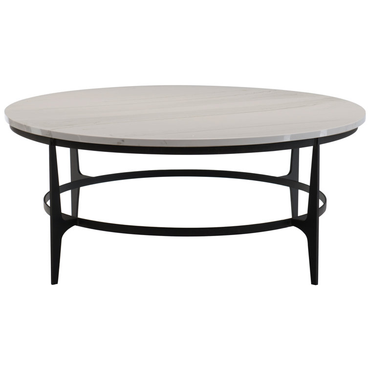 Round White Faux Marble Coffee Table with Black Steel Base