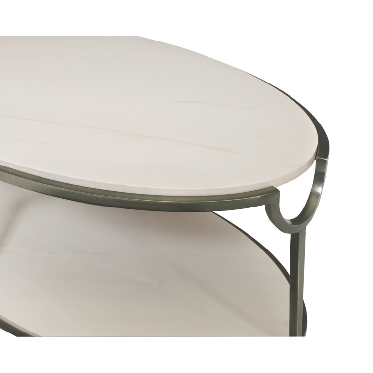 Oval Faux Carrara Marble and Steel Coffee Table with Storage