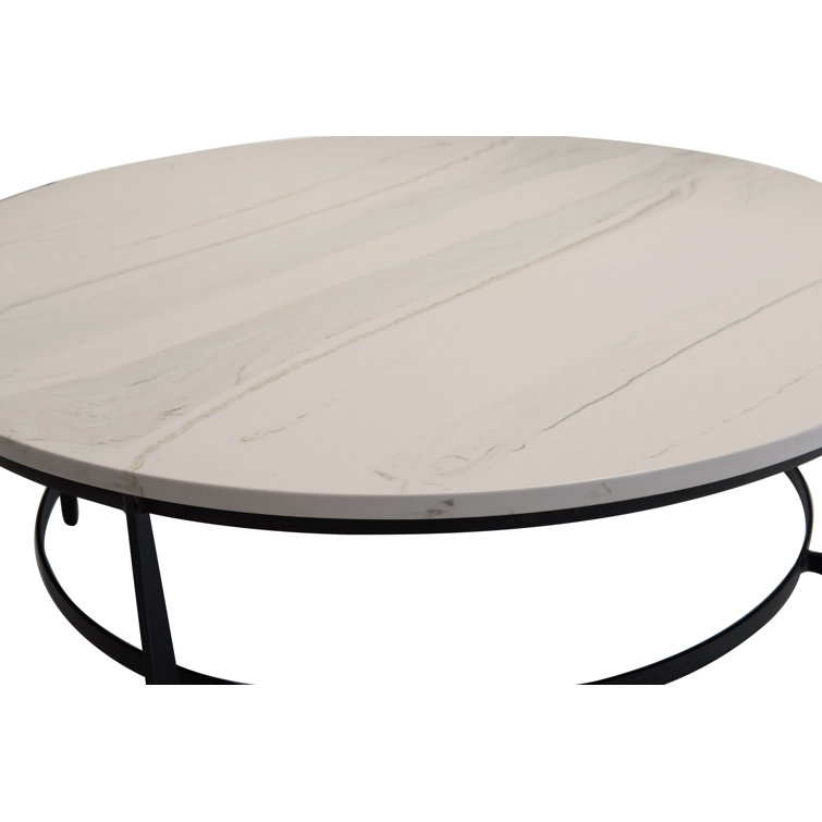 Round White Faux Marble Coffee Table with Black Steel Base