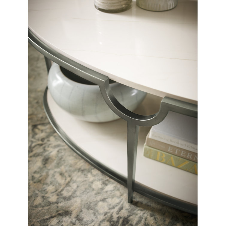 Oval Faux Carrara Marble and Steel Coffee Table with Storage