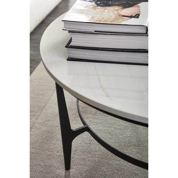 Round White Faux Marble Coffee Table with Black Steel Base