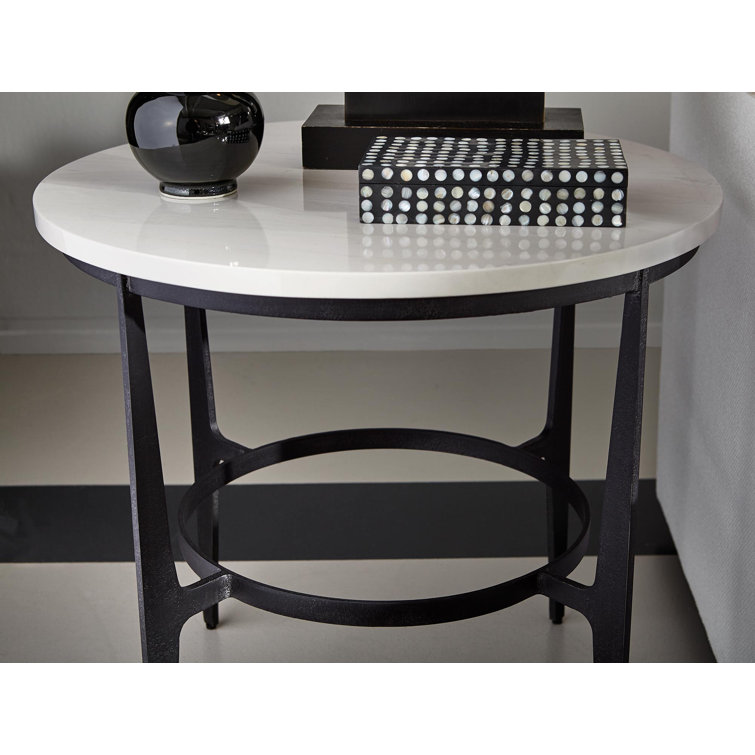 Transitional Round Black & White Stone Metal Occasional Table