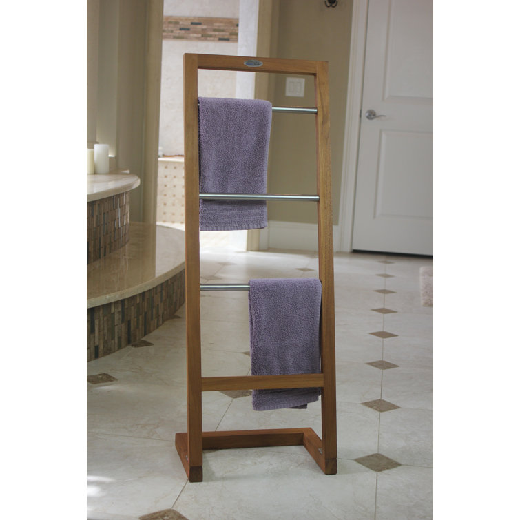 Compact Teak and Stainless Steel Free Standing Towel Stand