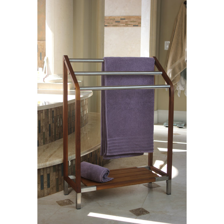 Teak and Stainless Steel Freestanding Towel Stand with Shelf