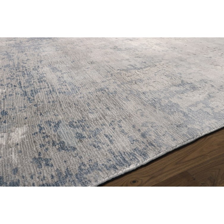 Handmade Blue and Silver Abstract Silk 6' x 9' Rug