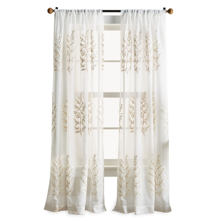 Ivory Floral Embroidery Sheer Rod Pocket Curtain Panels, 95"