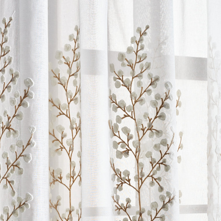 Ivory Floral Embroidery Sheer Rod Pocket Curtain Panels, 95"