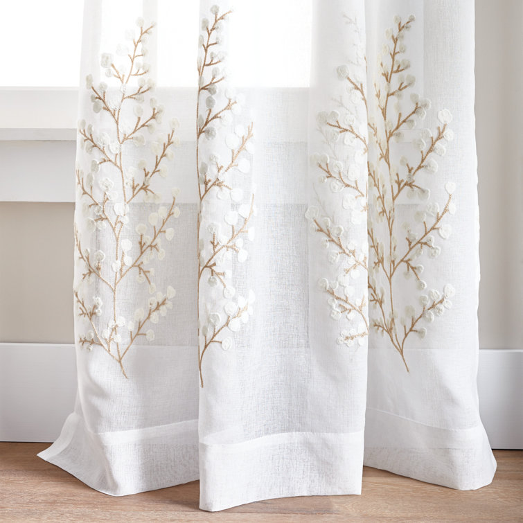 Ivory Floral Embroidery Sheer Rod Pocket Curtain Panels, 95"