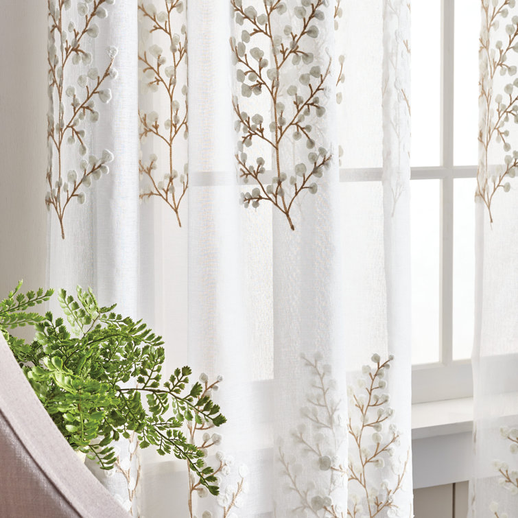 Ivory Floral Embroidery Sheer Rod Pocket Curtain Panels, 95"
