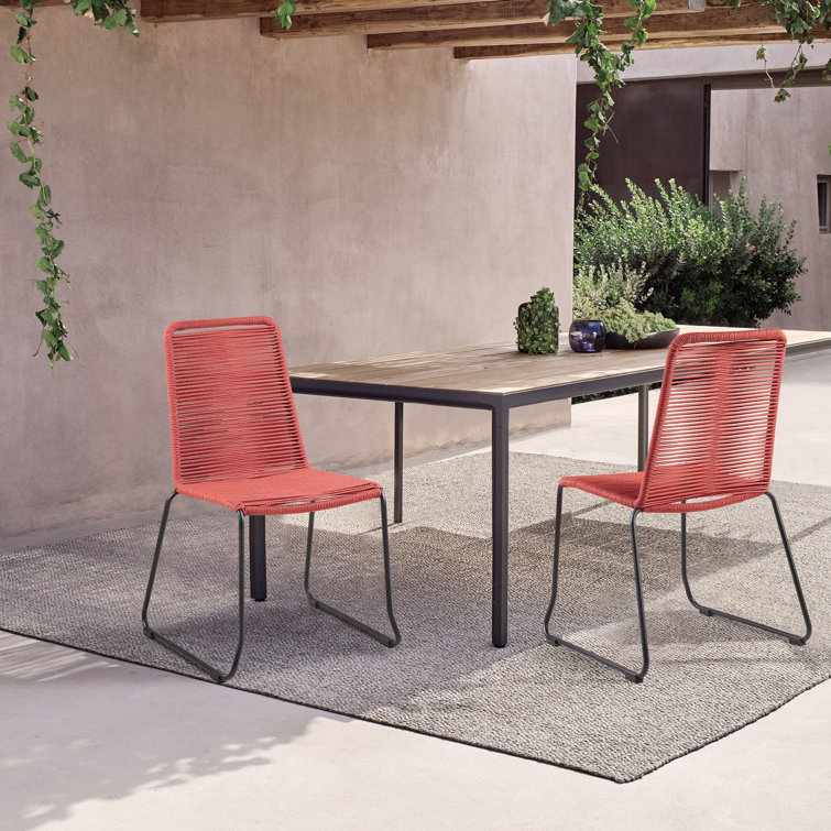 Brick Red Armless Wicker and Steel Outdoor Dining Chairs, Set of 2