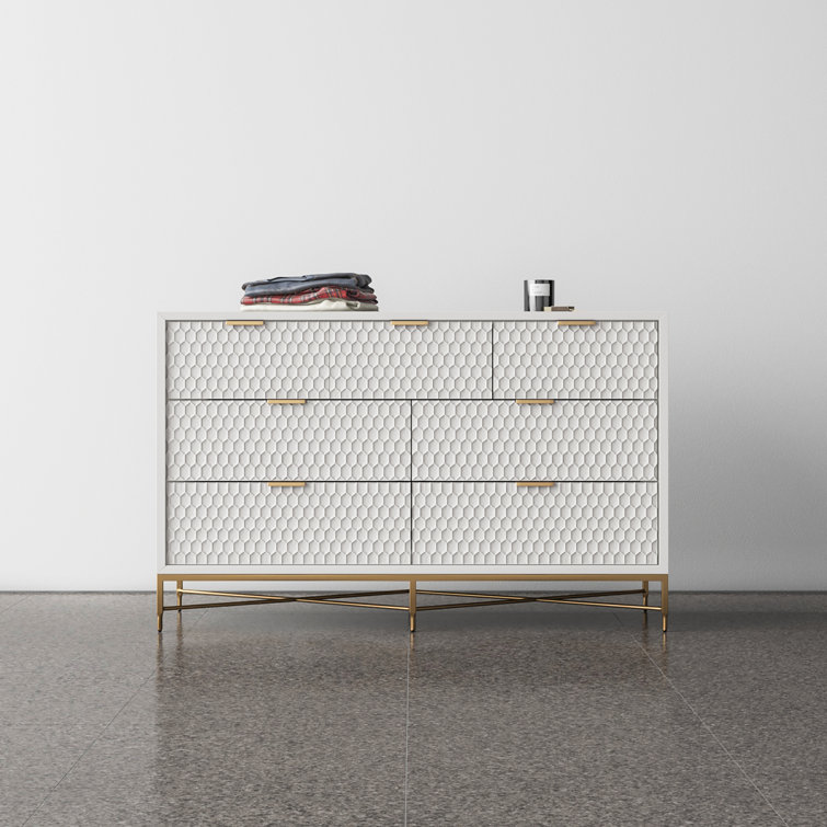 Transitional White Pearl 7-Drawer Dresser with Gold Accents