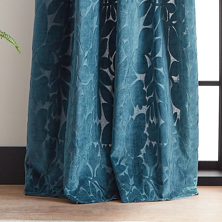 Teal Velvet Floral Print Grommet Curtain Panel Pair