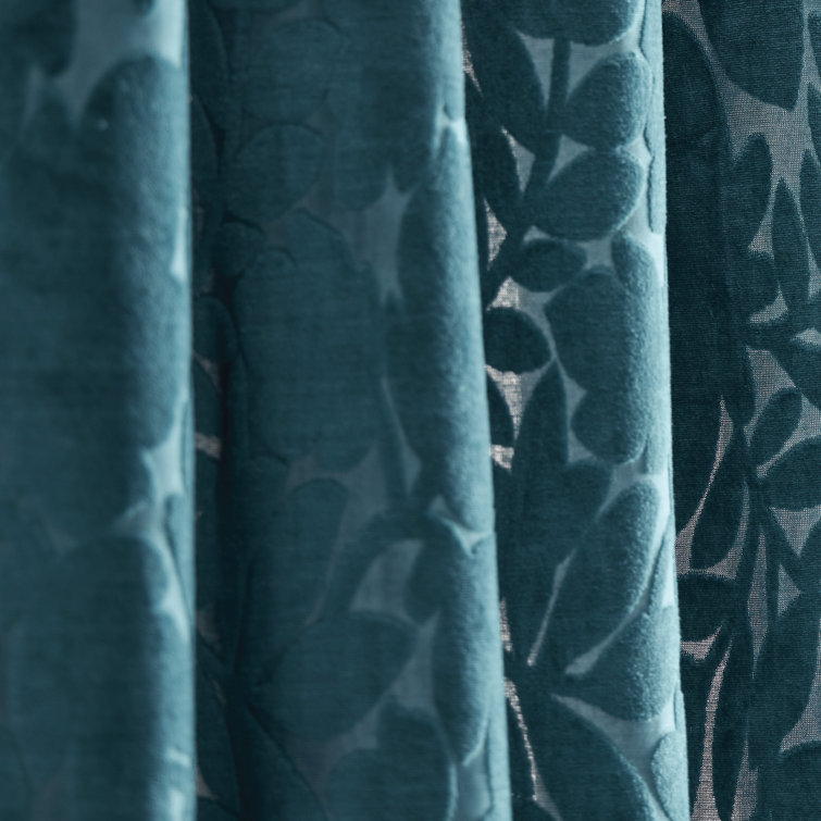 Teal Velvet Floral Print Grommet Curtain Panel Pair