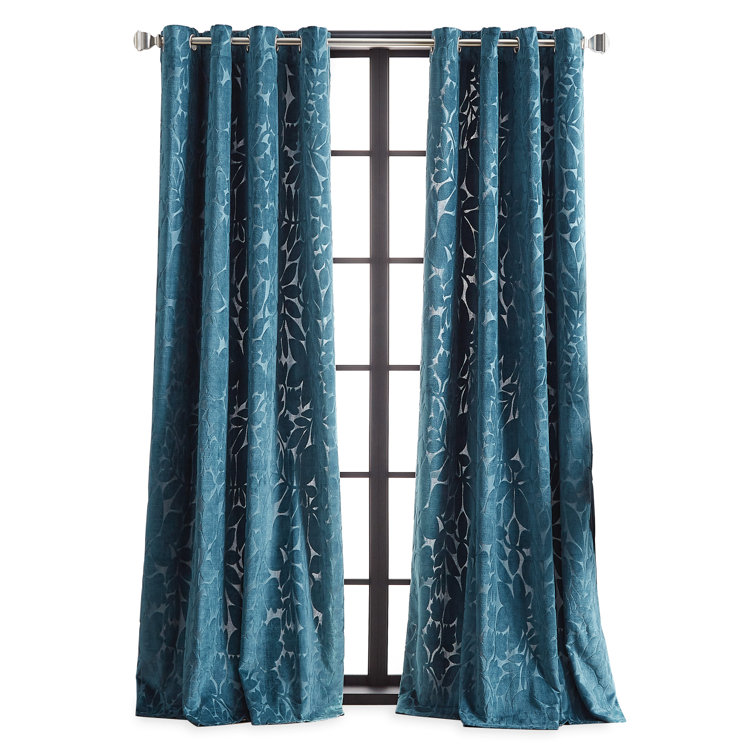 Teal Velvet Floral Print Grommet Curtain Panel Pair
