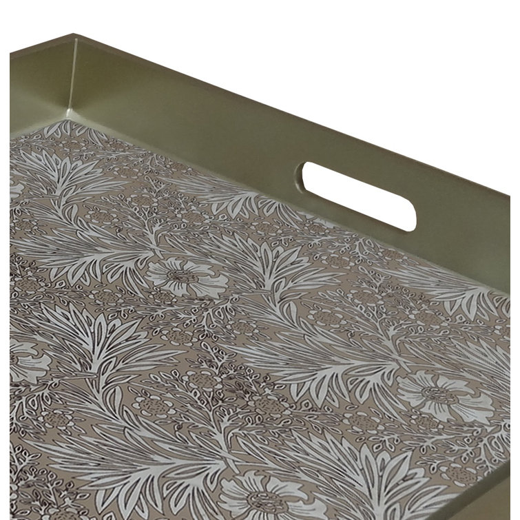 Large Sand Floral Reverse Painted Glass Tray with Handles