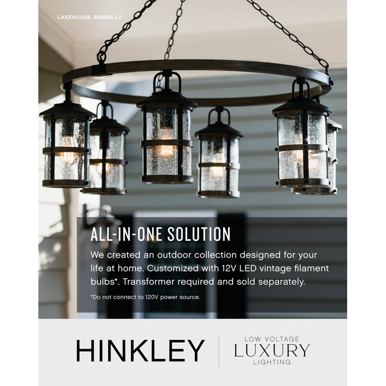 Rustic Aged Zinc 9-Light LED Outdoor Chandelier with Clear Seedy Glass