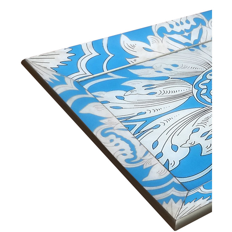 Blue and Silver Reverse Painted Mirror Floral Tray