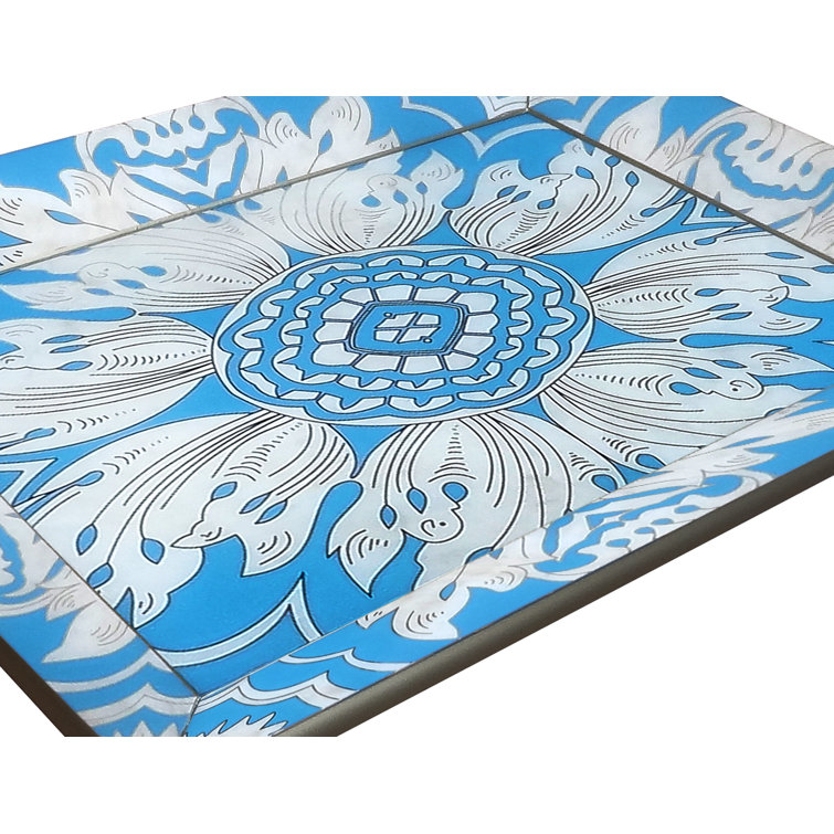 Blue and Silver Reverse Painted Mirror Floral Tray