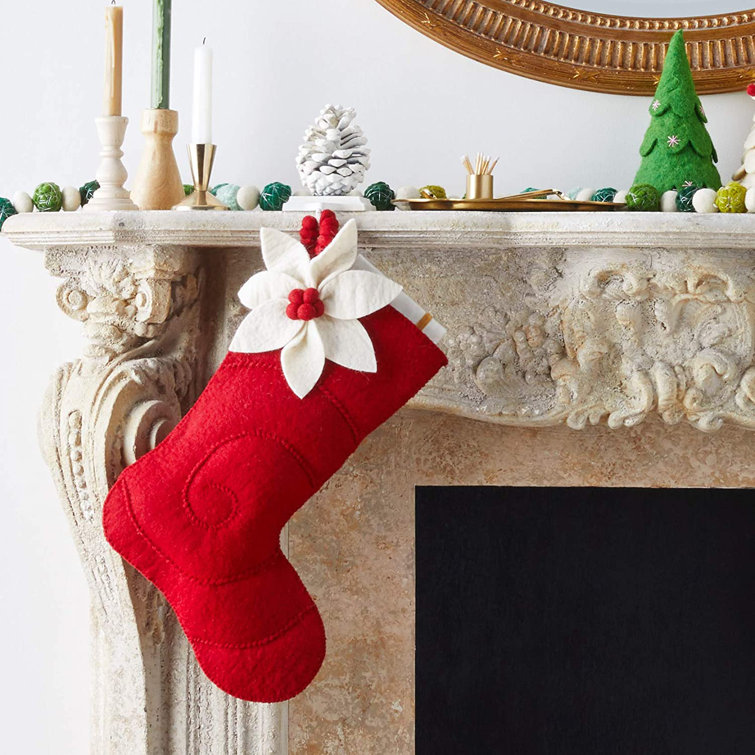 Handmade Red Wool Christmas Stocking with Poinsettia Design