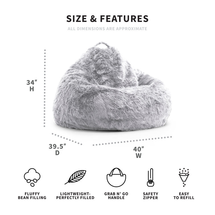 Gray Shag Teardrop Bean Bag Chair with Removable Cover