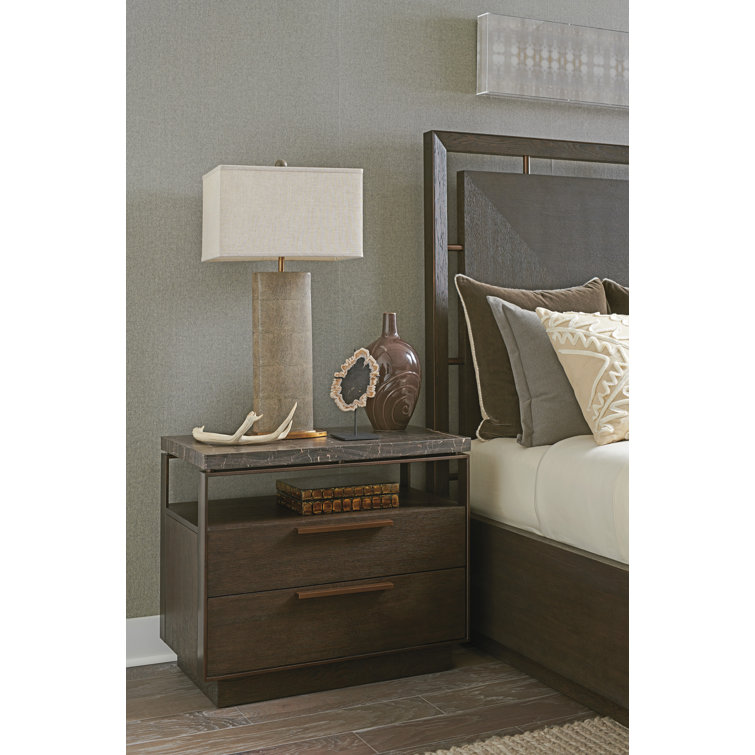 Transitional Gray-Brown Marble Top Nightstand with Soft Close Drawers