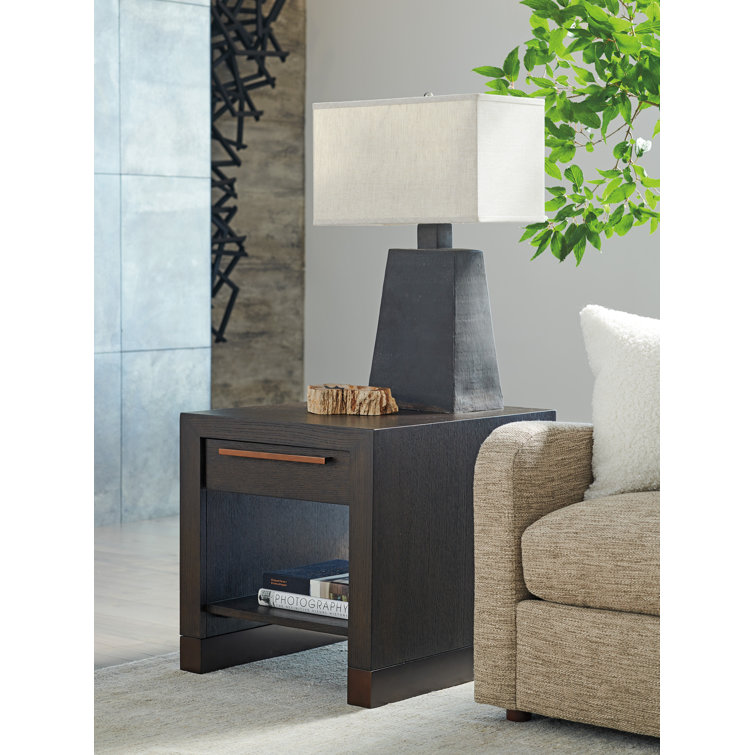 Modern Brown Wood & Metal Drawer End Table with Open Shelf