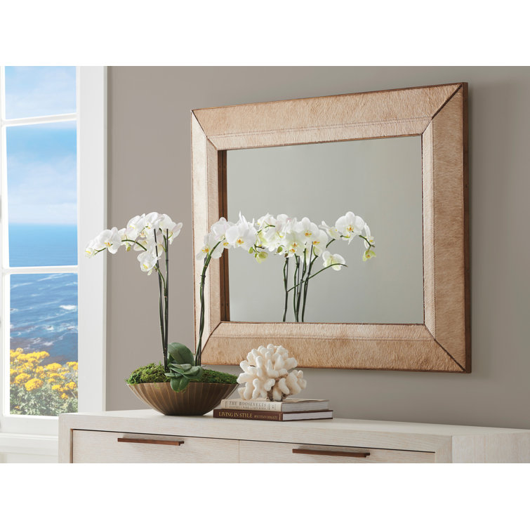 Beige Leather and Wood Rectangular Wall Mirror