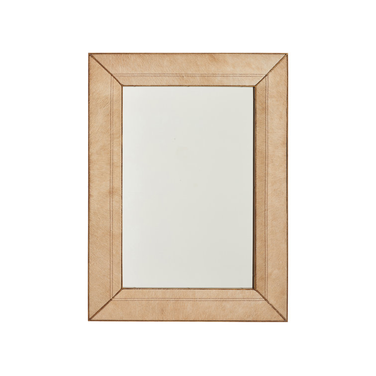 Beige Leather and Wood Rectangular Wall Mirror