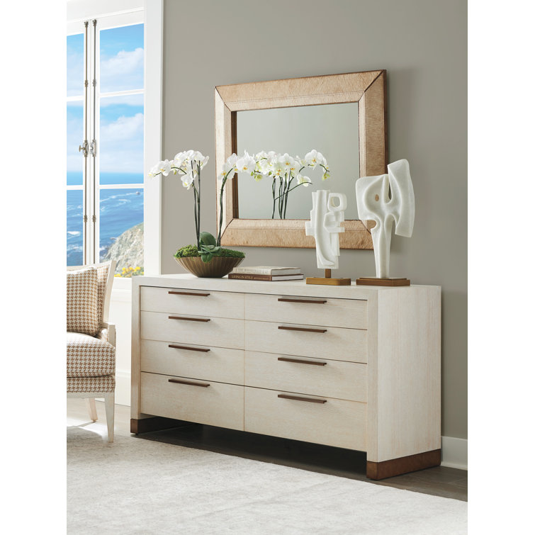 Beige Leather and Wood Rectangular Wall Mirror