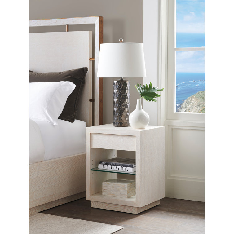 Cream Oak 1-Drawer Nightstand with Glass Shelf