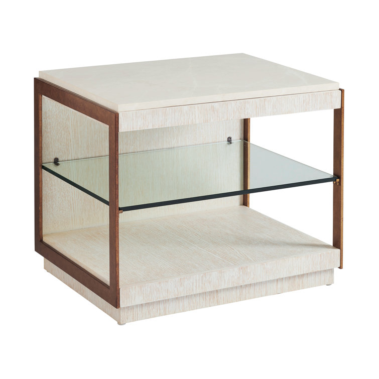 Cream and Wood Rectangular End Table with Glass Shelf