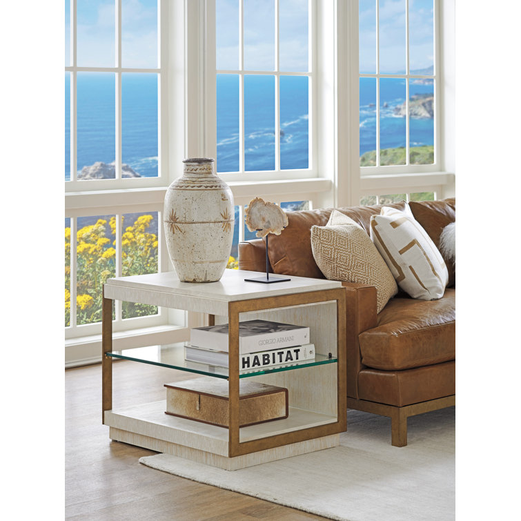 Cream and Wood Rectangular End Table with Glass Shelf