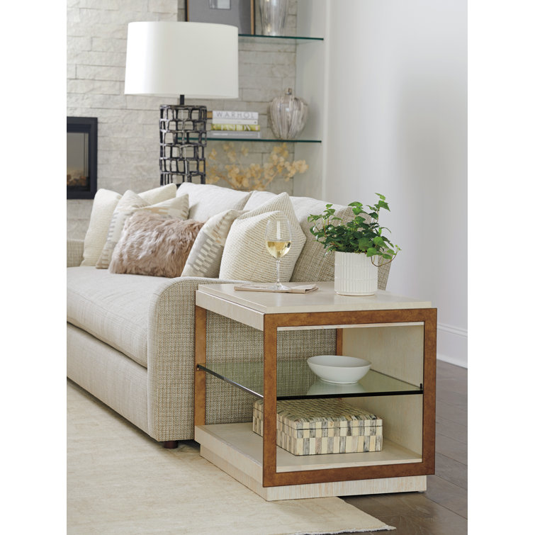 Cream and Wood Rectangular End Table with Glass Shelf