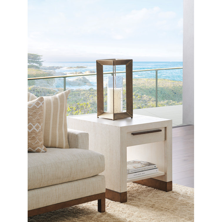Modern Carmel Cream White Oak End Table with Brass Accents