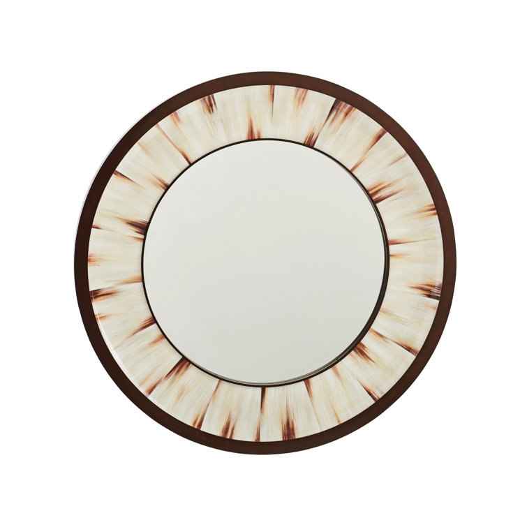 Park City 42" Cream/Brown Leather & Wood Round Wall Mirror