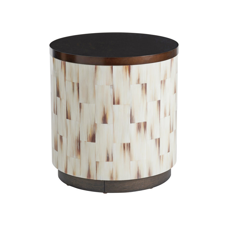 Crescent Commode Round Chairside Table in Brown/Cream with Metal Top