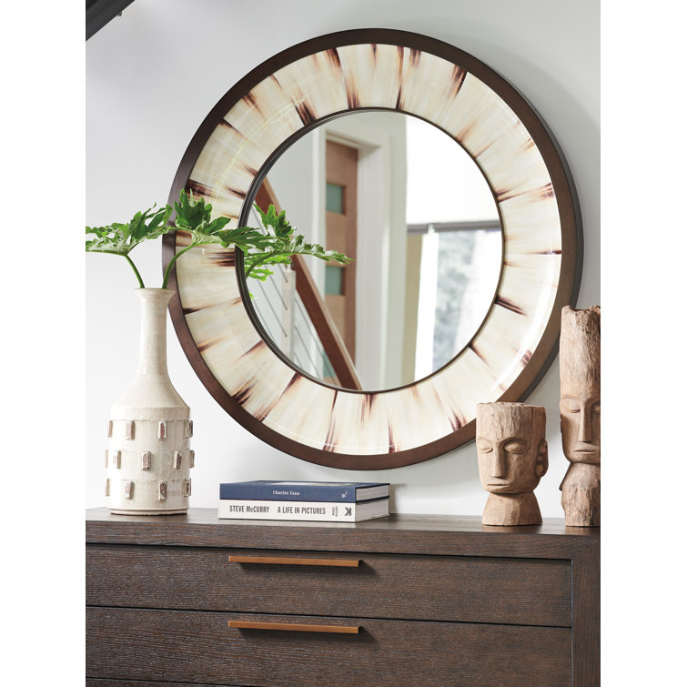 Park City 42" Cream/Brown Leather & Wood Round Wall Mirror
