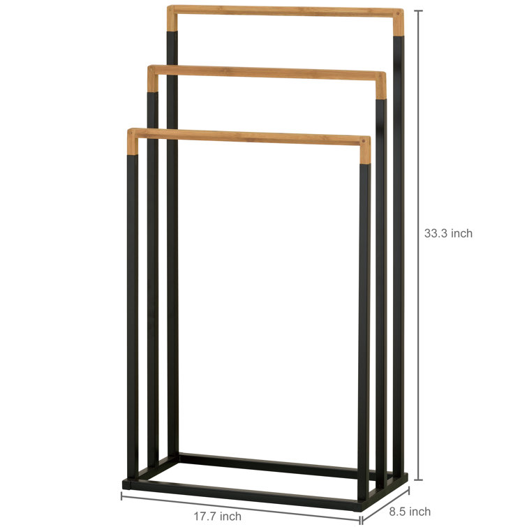 Black Metal and Bamboo 3-Tier Freestanding Towel Rack