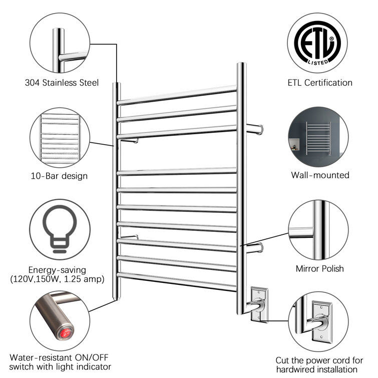 Brushed Polish Wall Mounted Stainless Steel Towel Warmer