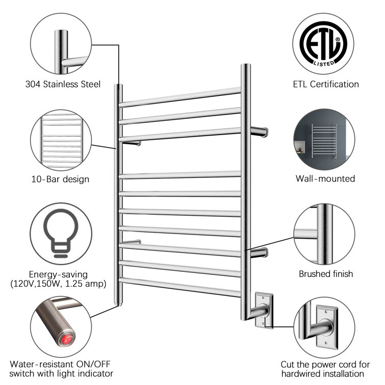 Wall Mounted Mirror Polish 10-Bar Towel Warmer