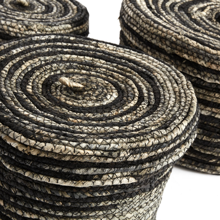 Black and Natural Wicker Round Storage Basket Set