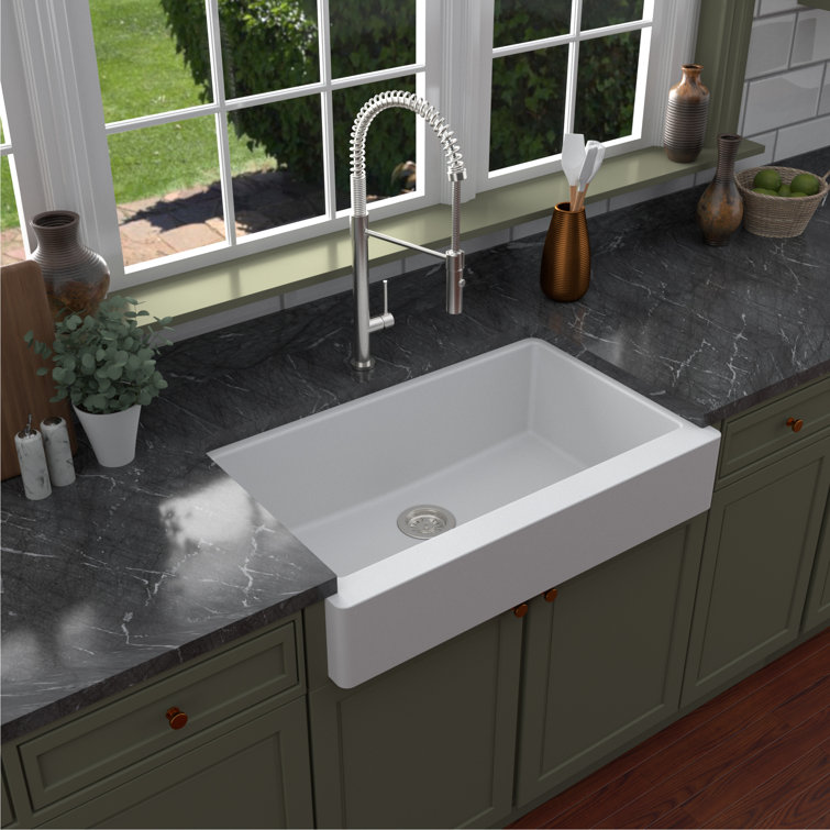 34'' Matte White Quartz Farmhouse Single Bowl Kitchen Sink