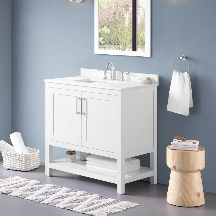 Vegas 36" Pure White Freestanding Bathroom Vanity with Marble Top