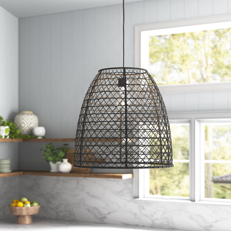 Matte Black Aluminum Indoor/Outdoor Pendant Light with Woven Rattan Shade