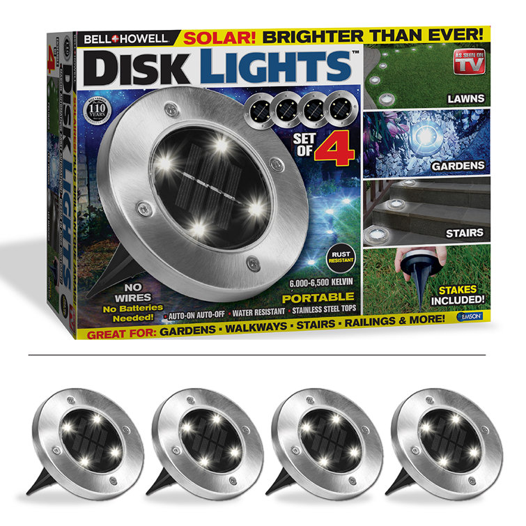 Bell + Howell Silver Solar LED Pathway Disk Lights, Set of 4