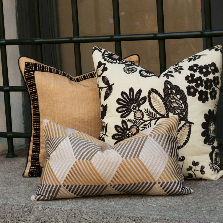 Black and Gold Floral Embroidered Cotton Blend Throw Pillow