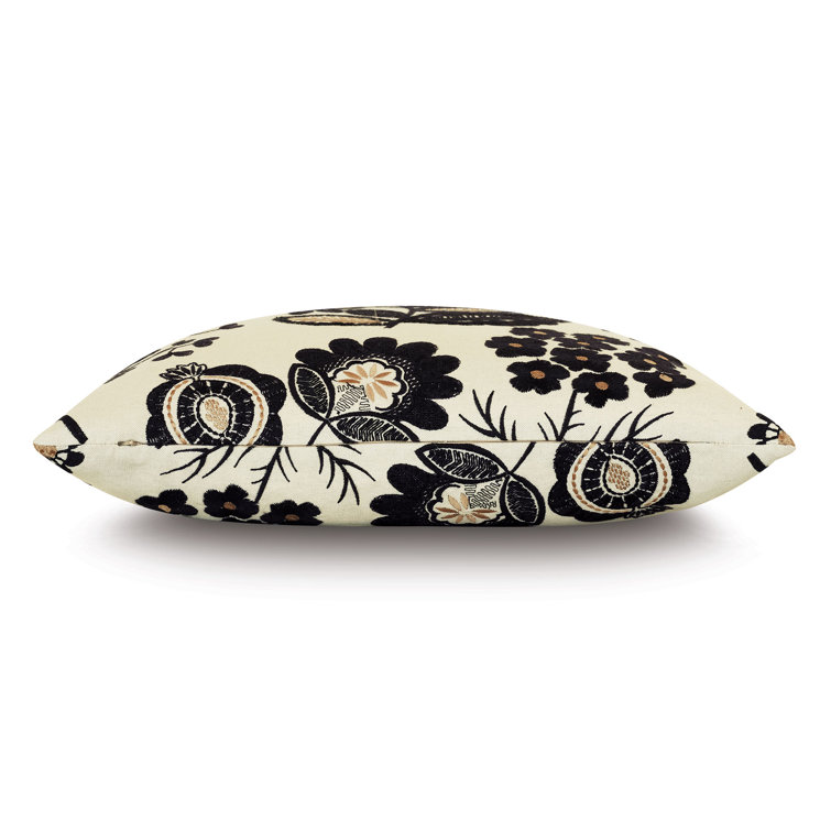 Black and Gold Floral Embroidered Cotton Blend Throw Pillow