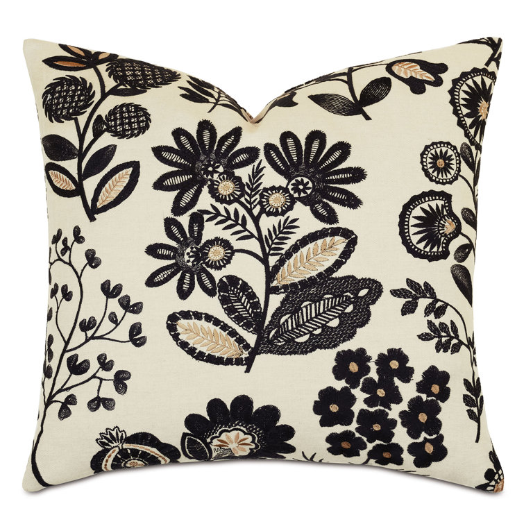 Black and Gold Floral Embroidered Cotton Blend Throw Pillow